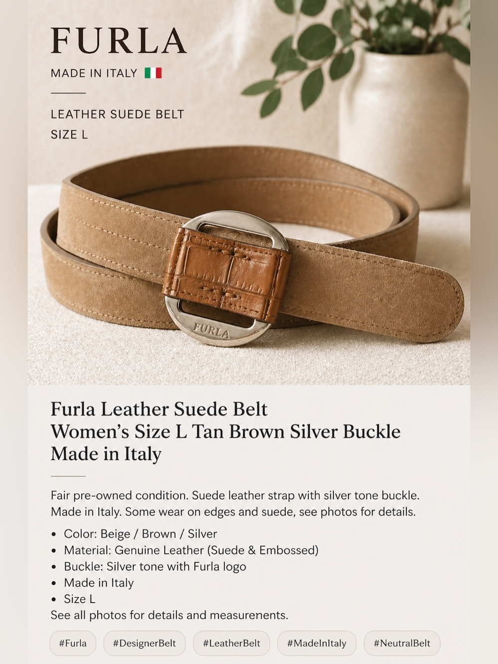 Furla Leather Suede Belt Womens sz Lg Tan  Silver Buckle Made In Italy Designer
